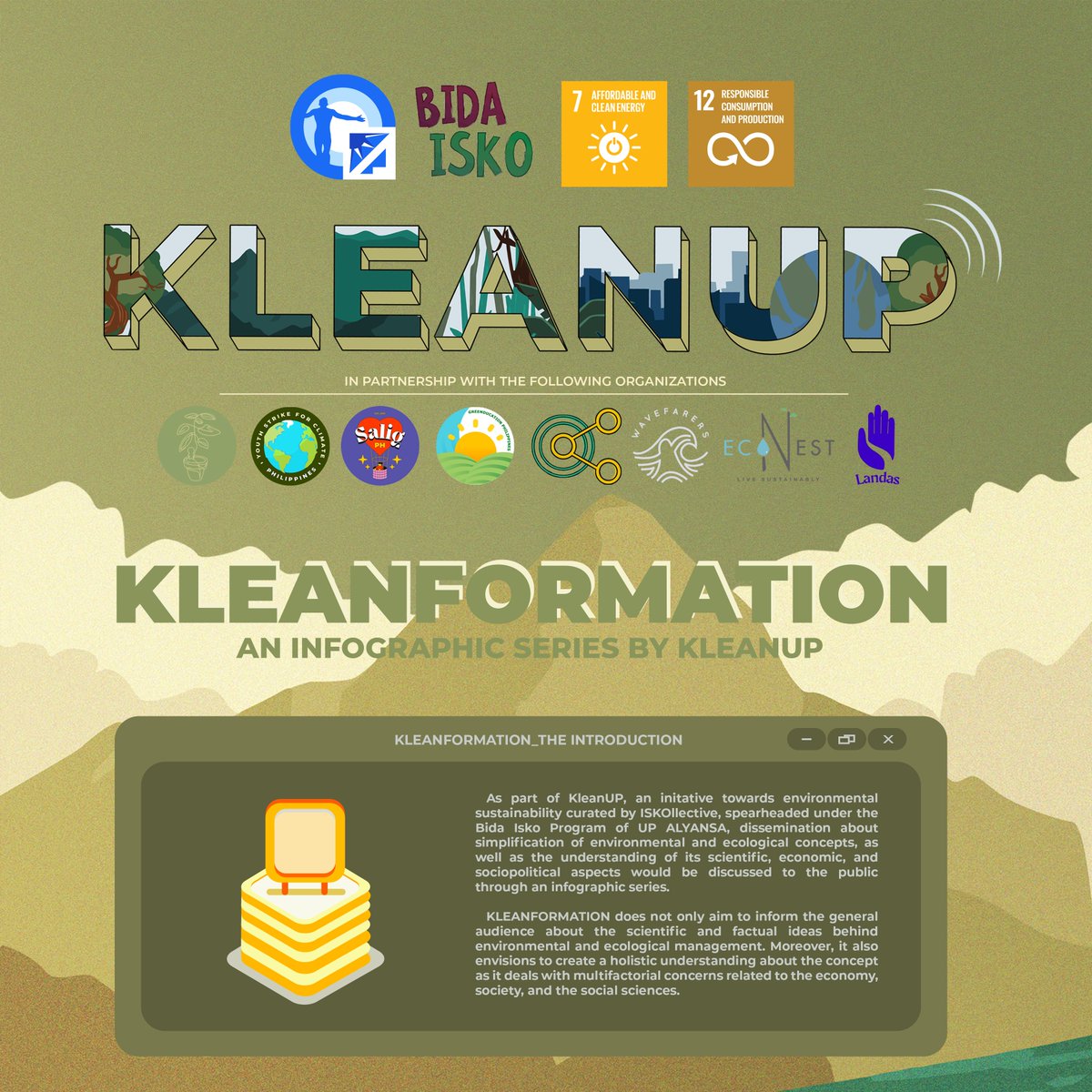 upalyansa's tweet photo. KLEANFORMATION (5/5)

The world needs a check-up, let's all rise up to KLEAN UP!💚

In partnership with:
🌱Youth Strike 4 Climate PH
🌱Salig PH
🌱GREENducation PH
🌱Gana PH
🌱Wavefarers
🌱Econest PH
🌱Landas
🌱Habilin

#KleanUP
#BidaIsko https://t.co/ADLH84MrMl
