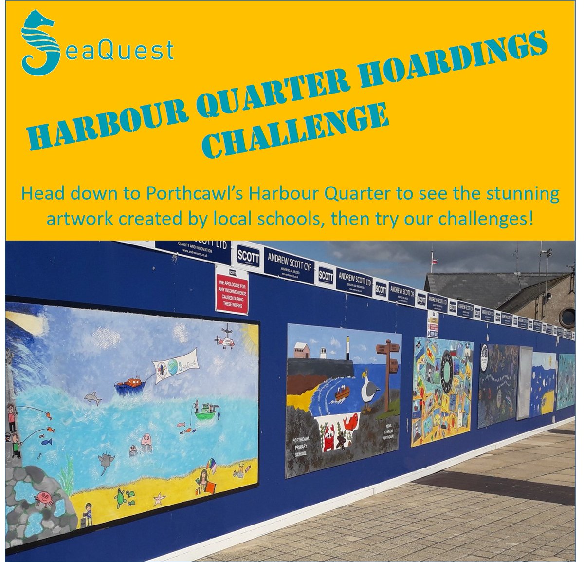 SeaQuestWales's tweet photo. If you're looking to entertain the kids then spend some time down at @HQPorthcawl.  Enjoy looking at the school artwork on the hoardings and set the kids these challenges whilst you enjoy a well earned sitdown! Printable versions available at  https://t.co/KPxltMFXT0 https://t.co/j4tXg0Xn37