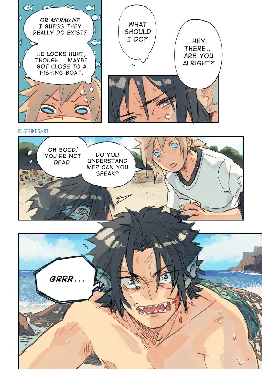 LStrikesArt's tweet photo. A #zakkura mermaid meet-cute! Read left-to-right. Part 1/2 🐟🐠 https://t.co/PMqZcJjG4y