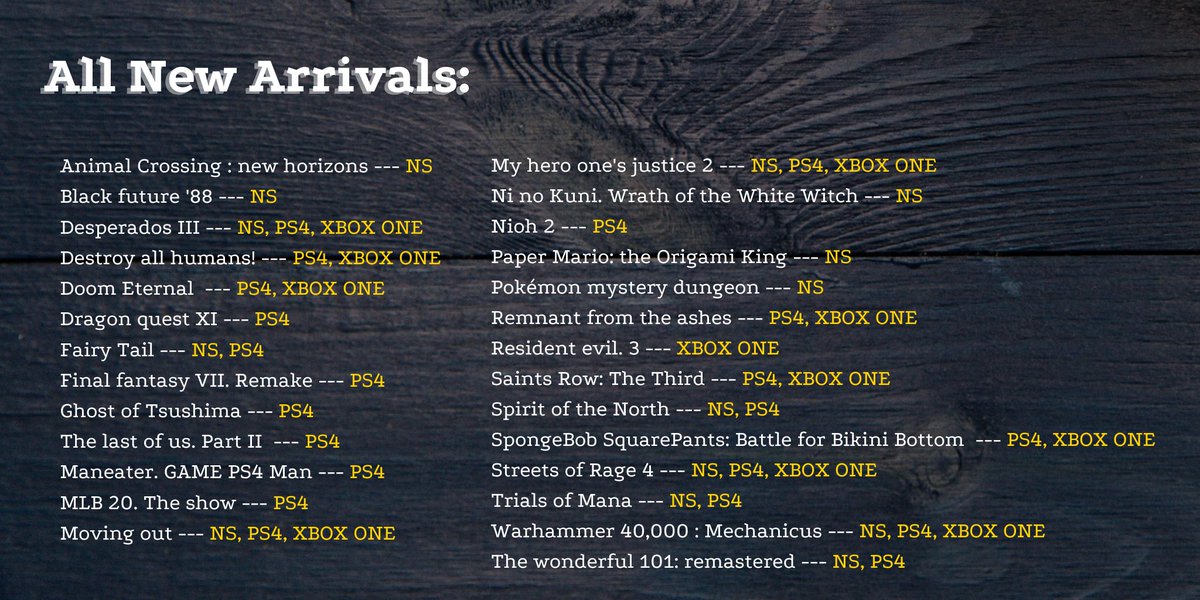 A list of our new games, organized by console availability! Put any one of these guys on hold today! 😊🎮💯

#publiclibraries #capemaycountynj #njlibraries #librarylife #librarytwitter #ps4 #xboxone #nintendoswitch