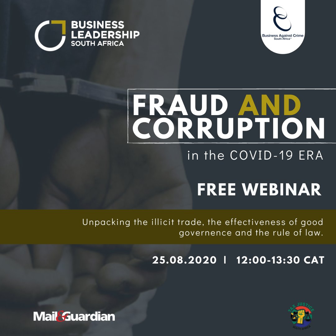 Have you registered for this <a href="/BLSA_Official/">Business Leadership South Africa</a> webinar happening next week on what needs to be done on fraud &amp; corruption? cc <a href="/mailandguardian/">Mail & Guardian</a>

#crushcorruption