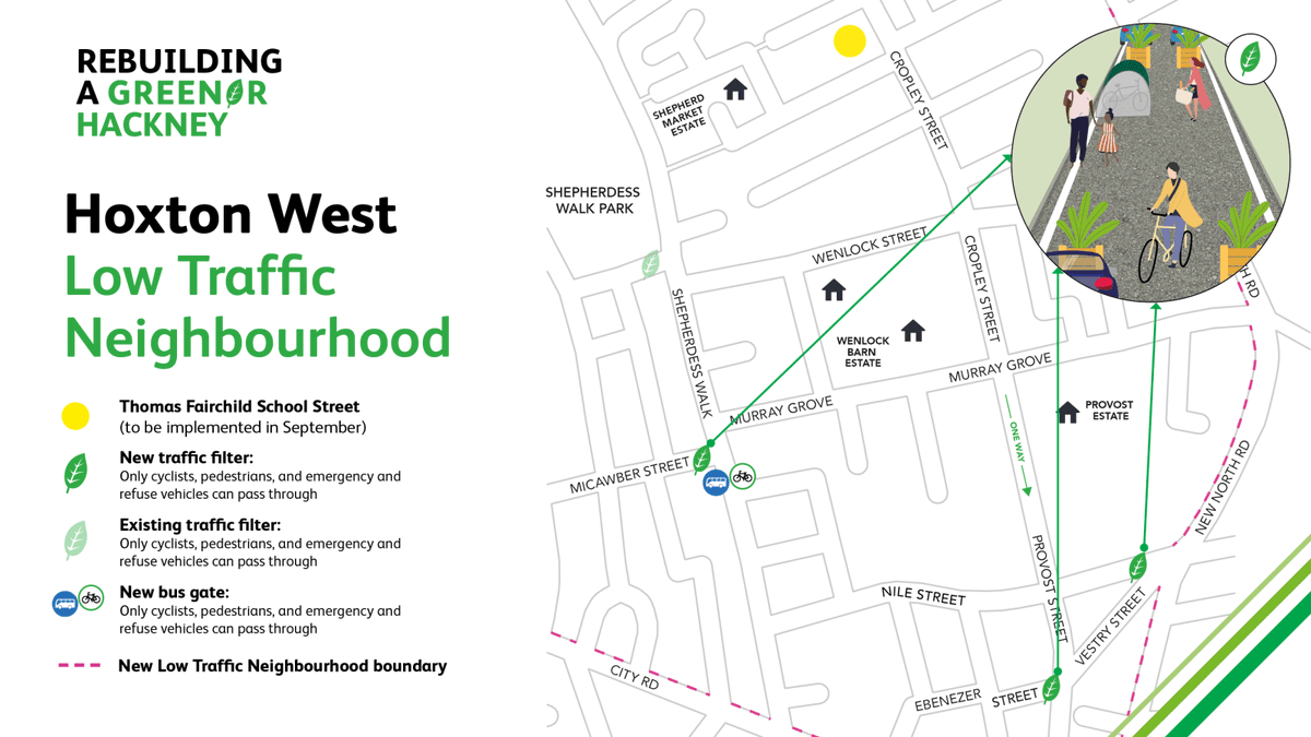 hackneycouncil's tweet image. 🌿👷🏽‍♀️🚧 Work to introduce the Hoxton West and Hackney Downs low traffic neighbourhoods starts on Monday, with work in the London Fields area starting on 7 September

🗺️⬇️ These maps show how each scheme will reduce through-traffic, creating better streets for everyone