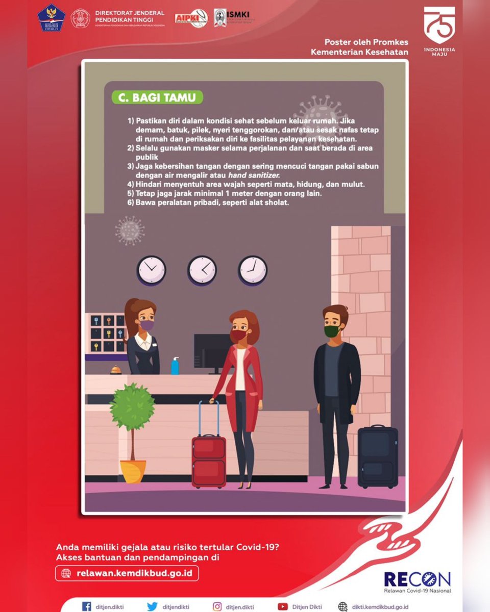 Marpungat's tweet photo. Adaptasi baru di hotel/penginapan, adaptasi untuk tamu maupun untuk karyawan dan juga informasi tentang hoax buster menggunakan desinfektan pada tubuh efektif membunuh Covid-19 ?
Cek info lengkapnya 👇
#RelawanKemdikbud
#RECONSIGAP
#SiapAdaptasi https://t.co/SbnYzQWMzA