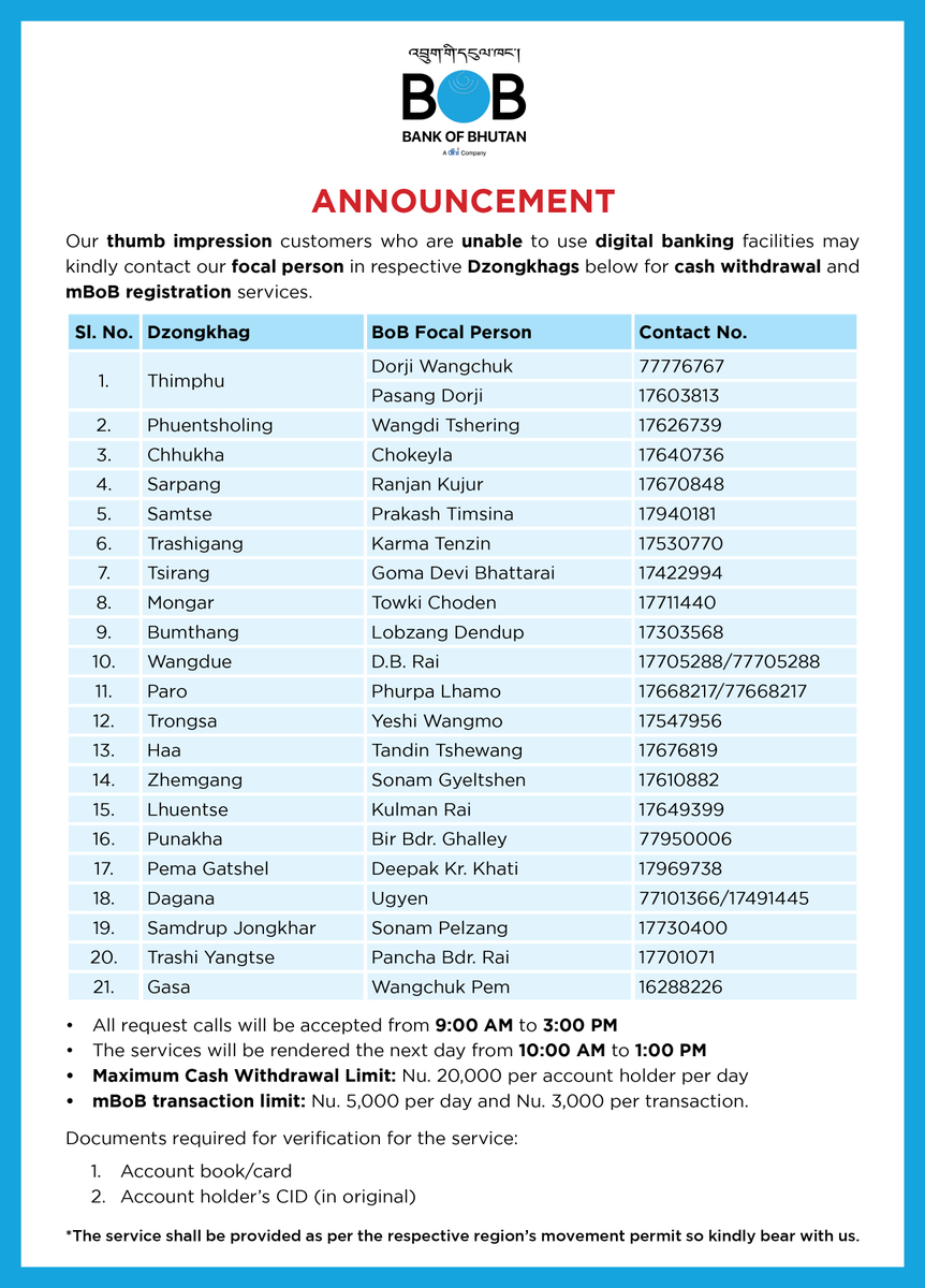 BankofBhutan's tweet photo. #Cash withdrawal and #mBoB registration services for Thumb Impression account holders.
#StayHome #StaySafe https://t.co/4es87WkTyY