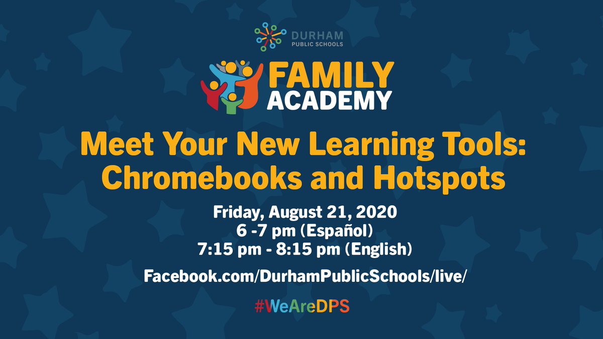 DurhamPublicSch's tweet photo. REMINDER | Family Academy Virtual Class | Meet Your New Learning Tool: Chromebooks and Hotspots | Join us on August 21 at 7:15 pm via Facebook Live. | FB LIVE LINK: https://t.co/8segQx6dRU https://t.co/flQZlWiH6u