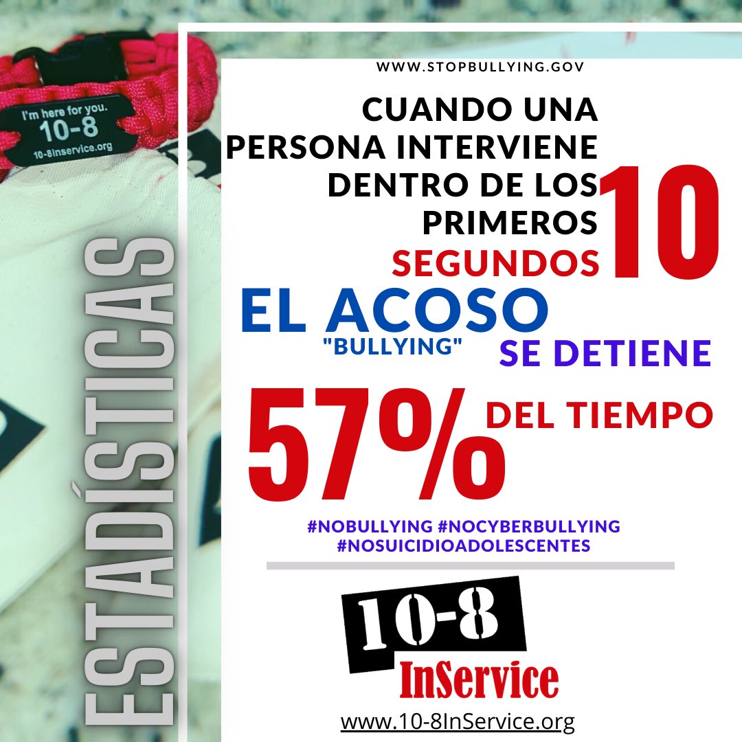 10_8InService's tweet image. Es responsabilidad de todos.  Si eres testigo de una persona sufriendo de acoso “bullying”- Actúa.
#NOBullying #NoCyberBullying #NOSuicidioAdolescentes 10-8InService.org