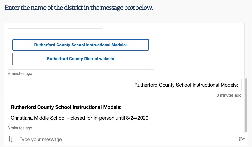 Click on instructional models on this "dashboard" and you discover that Christiana Middle School is closed for in-person learning until August 24th. But  @SchwinnTeach told me there were TWO schools in Rutherford County that were closed. 7/