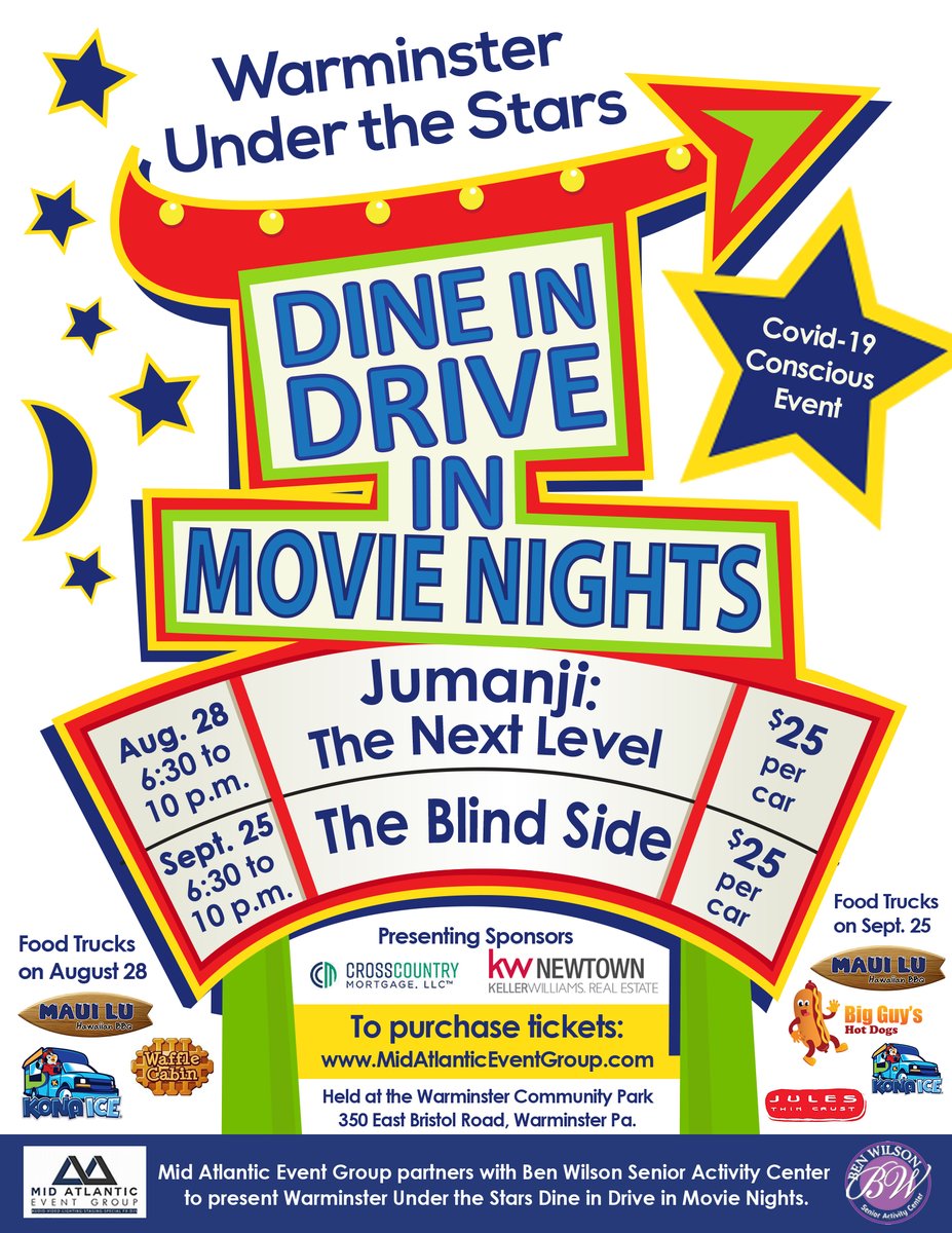 Drive in movie night at Warminster Community Park on August 28 and September 25.  Get your tickets now at MidAtlanticEventGroup.com