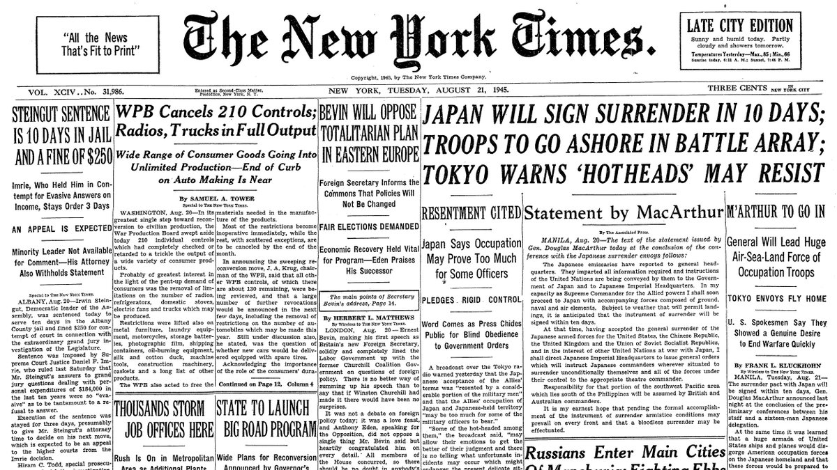 Aug. 21, 1945: Japan Will Sign Surrender in 10 Days; Troops to Go Ashore in Battle Array; Tokyo Warns 'Hotheads' May Resist  https://nyti.ms/3aIWTGU 