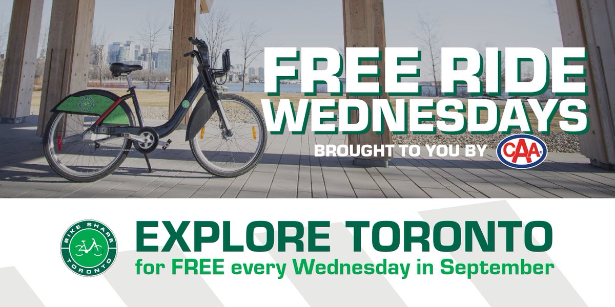 BikeShareTO's tweet photo. ICYMI 👀 Free Ride Wednesdays are back! 🙌 

Thanks to our partners @CAASCO, ride FREE every Wednesday this September with #BikeShareTO. Visit a station or download the PBSC/CycleFinder app to get your $0 24h Access Pass.

Details: https://t.co/mCIrCT5uf7 #BikeWithCAA #FreeRideTO https://t.co/L70lM8U2HR