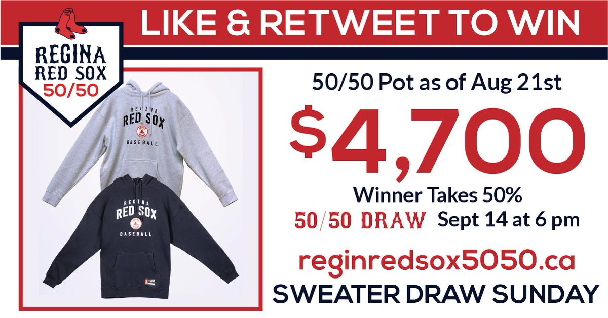 ReginaRedSox's tweet photo. 🎇Our 50/50 Keeps growing🎇 Like &amp; Retweet to be entered in a draw to win a @22Fresh Regina Red Sox Hoodie.  Buy your 50/50 at https://t.co/8pIGzmLOj7   Hoodie Draw is this Sunday. #ReginaRedSox https://t.co/G8N9PezaPF