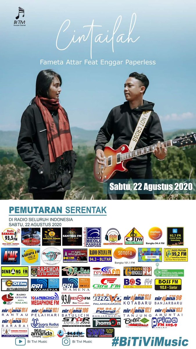SwaramudaBDG's tweet photo. #Besok #PemutaranPerdanaRadio :

Fameta Attar Feat Enggar Paperless - Cintailah 
#fametaattarxenggarpaperless
#cintailah
#BiTiViMusic

cc:  : @sumbaga @bi_tivi @abipraya
@fametaattar @oktavyandimas_enggar @jalankarmel114 

Youtube : https://t.co/QQ692H8oce https://t.co/r07kE39IgT