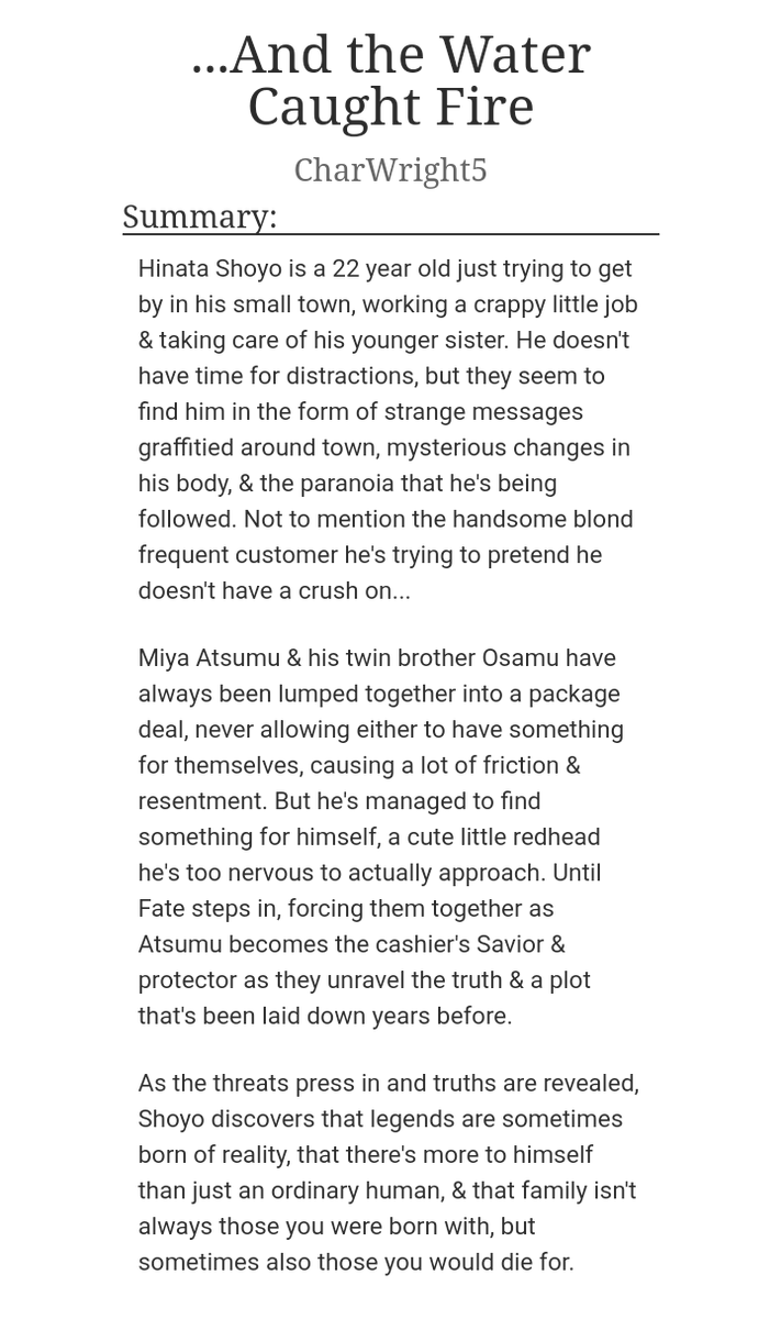 b0bachan's tweet photo. 🦊 ...And the Water Caught Fire ~ an #AtsuHina Kitsune au

Chapter 16. ~6.2K (of ~92.7k total)

Settling down...

https://t.co/zFiRceZOjc

#atshn #MiyaAtsumu #hinatashoyo #haikyuu #侑日 #WaterCaughtFireFic https://t.co/zI2qAfq10s