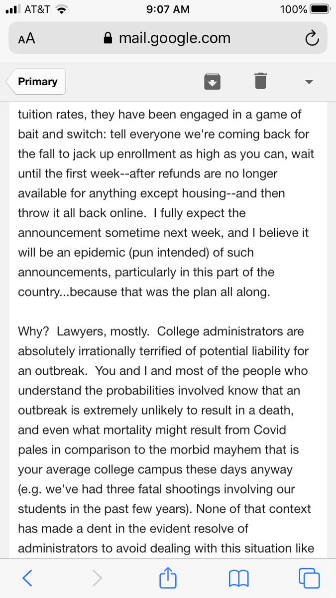 From a senior faculty member at a Midwestern university: he thinks his school always planned to reopen, get tuition checks, and then close again. I always say it is impossible to be too cynical, but even I’m surprised by this game.