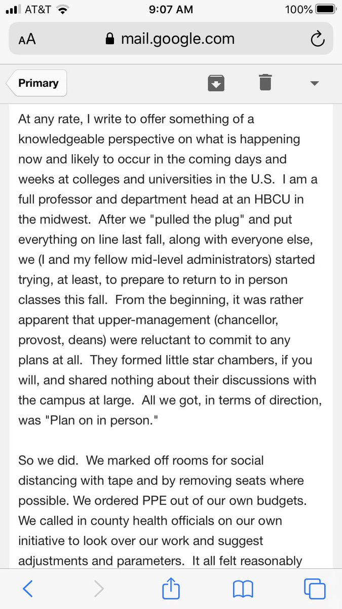 From a senior faculty member at a Midwestern university: he thinks his school always planned to reopen, get tuition checks, and then close again. I always say it is impossible to be too cynical, but even I’m surprised by this game.
