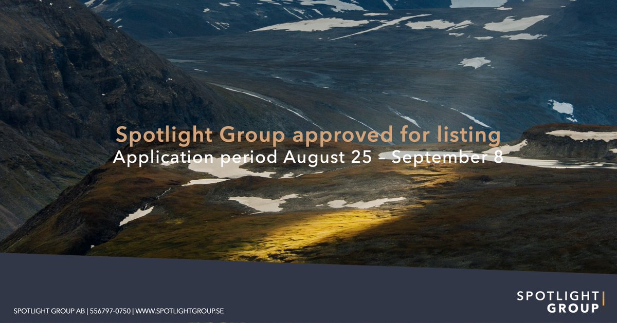 SpotlightGroup1's tweet photo. Spotlight Group AB has been approved for listing on Spotlight Stock Market. Application period: August 25 – September 8.
Read the full press release and statement from the CEO (swedish version) here: https://t.co/9EBsfOkVRf
#listing #stockmarket #spotlightgroup #spotlightgroup https://t.co/SvXeRk1NmN
