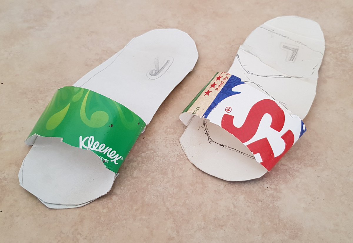SimonGardiner's tweet photo. Told my daughter that we have to start  being a bit more frugal as daddy's bonus is looking doubtful so she made herself some flip flops from a cereal packet &amp; tissue box! #lookafterthepennies #childsmind https://t.co/h82WZYpSOg