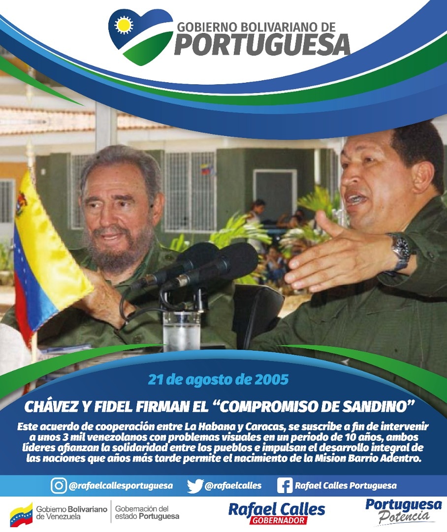 rafaelcalles's tweet photo. CHÁVEZ Y FIDEL FIRMAN EL "COMPROMISO DE SANDINO".
.
.
21 de Agosto del 2005, este acuerdo entre la Habana y Caracas, se suscribe a fin de intervenir a unos 3 mil venezolanos  con problemas visuales en un período de 10 años. @nicolasmaduro @drodriven2 @TareckPSUV @PartidoPSUV https://t.co/LFQfKpaa0A