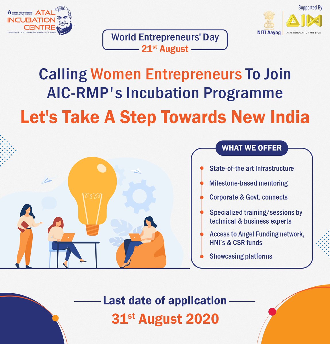This #WorldEntrepreneurshipDay, we #pledge to support Women #Entrepreneurs, who are passionate towards building resilient businesses against all odds, and inviting them to be a part of AIC-RMP' #Incubation Programme.

To apply, click here: bit.ly/3iV9WYq