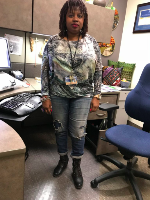 She says her boss "threatened to send me home for the way I was dressed, saying he ‘has an image to uphold in the office.'" This is a photo of Sutherland she says was taken by a co-worker on April 20, 2018, the day her boss threatened to send her home.  https://www.thestar.com/opinion/star-columnists/2020/08/21/they-were-out-to-fire-me-ryerson-staffer-honoured-for-anti-racism-work-accuses-university-of-anti-black-racism.html?utm_source=Twitter&utm_medium=SocialMedia&utm_campaign=OpinionStaff&utm_content=theywereouttofireme