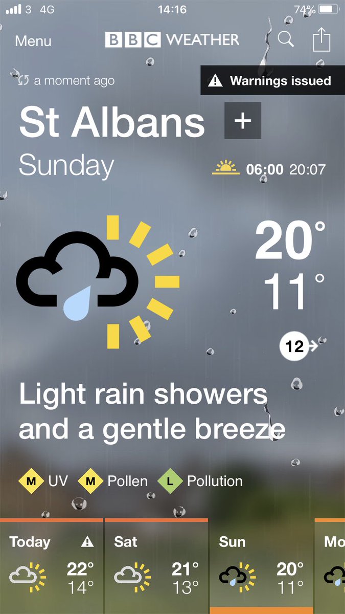 WarrenHeal's tweet photo. @bbcweather why always the misleading/doom-monger weather headlines. Really does damage outdoor businesses. “Light rain showers and a gentle breeze”. Second pic: 15% chance of rain at 4pm on Sunday! 🤦‍♂️ #ukweather #bbc #summer https://t.co/KhTW5niABN