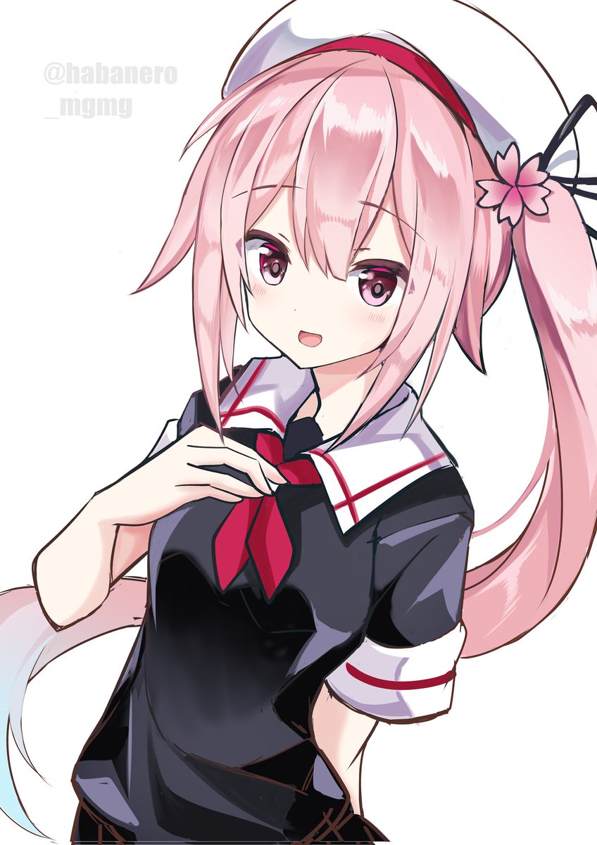 harusame (kancolle) 1girl solo pink hair side ponytail school uniform hat white background  illustration images