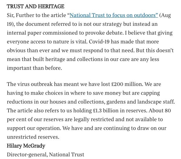 In a letter to The Times, the  @nationalTrust’s CEO Hilary McGrady said the Ten Year Vision document was purely ‘to provoke debate’. 4/