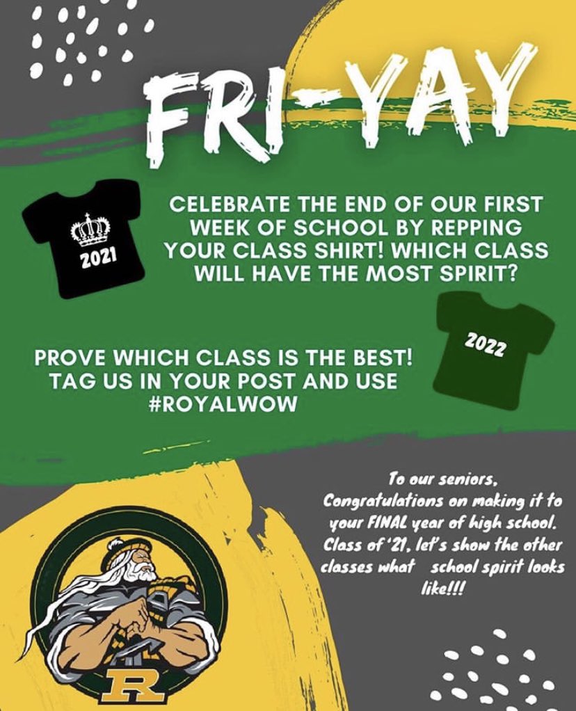 Let’s go! Highlanders - show your class spirit <a href="/TheRoyalHS/">Royal High School</a> @MrD_RHS @MrDobsonRHS @RHSMissM <a href="/WendyMayea/">Wendy Mayea</a> <a href="/BROBERGROYAL/">Debbie Broberg</a> #RoyalWOW