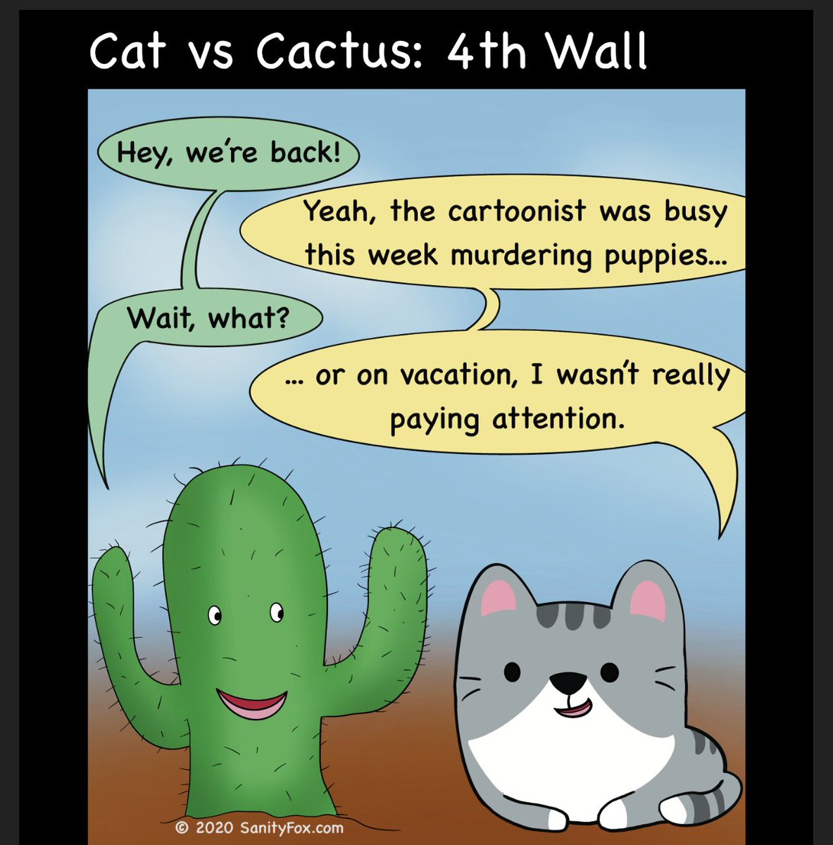 SanityFox's tweet photo. New #comic Friday. Today's #webcomic breaks #the4thwall as we explore the challenges of being a #hobby #cartoonist. #selfcriticism #selfcare #cartoon #catvscactus

Find the entire comic at: https://t.co/HT6MkEDYgV https://t.co/cFCwMwgPkq