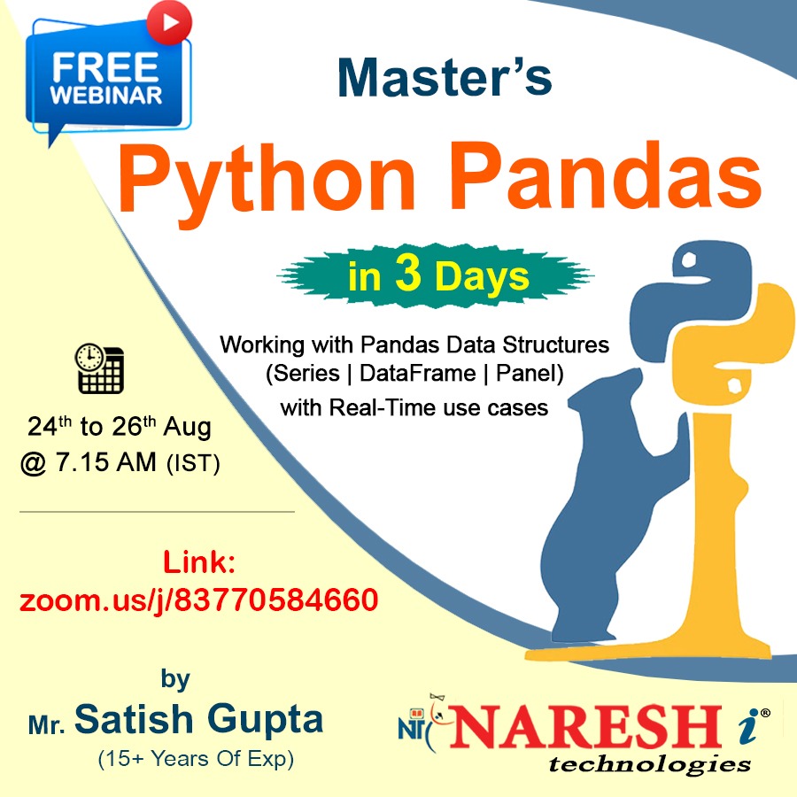 nareshitech's tweet image. Enroll Now: zcu.io/mckr
Attend Free Demo on Python Pandas by Mr.Satish Gupta
Demo on: 24th-26th August @ 07.15 AM (IST)
#pythonpandas #python #Onlinetraining #Course #education #learning