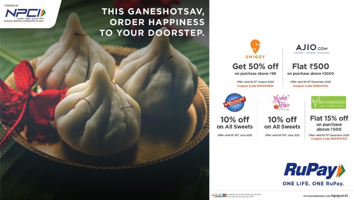 RuPay_npci's tweet image. Celebrate this festive season with online happiness! Use your RuPay card to avail attractive offers on food orders, gift purchases, shopping, and more! 
#OneLifeOneRuPay #Ganeshotsav #Offers