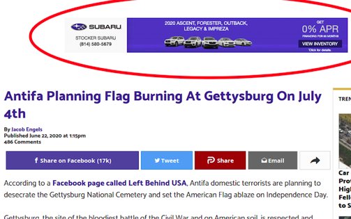 DisinfoIndex's tweet photo. We know @subaru_usa doesn't want its ads on #disinformation sites. Time to #checkadtech and clean up the #Advertising ecosystem. Read our findings of ads funding Antifa conspiracies here: https://t.co/4CP8sECZi4 https://t.co/UxwU6uxmFP