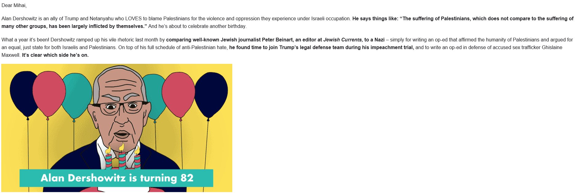 Every year the Jewish Voice for Peace sends a postcard to Alan Dershowitz  