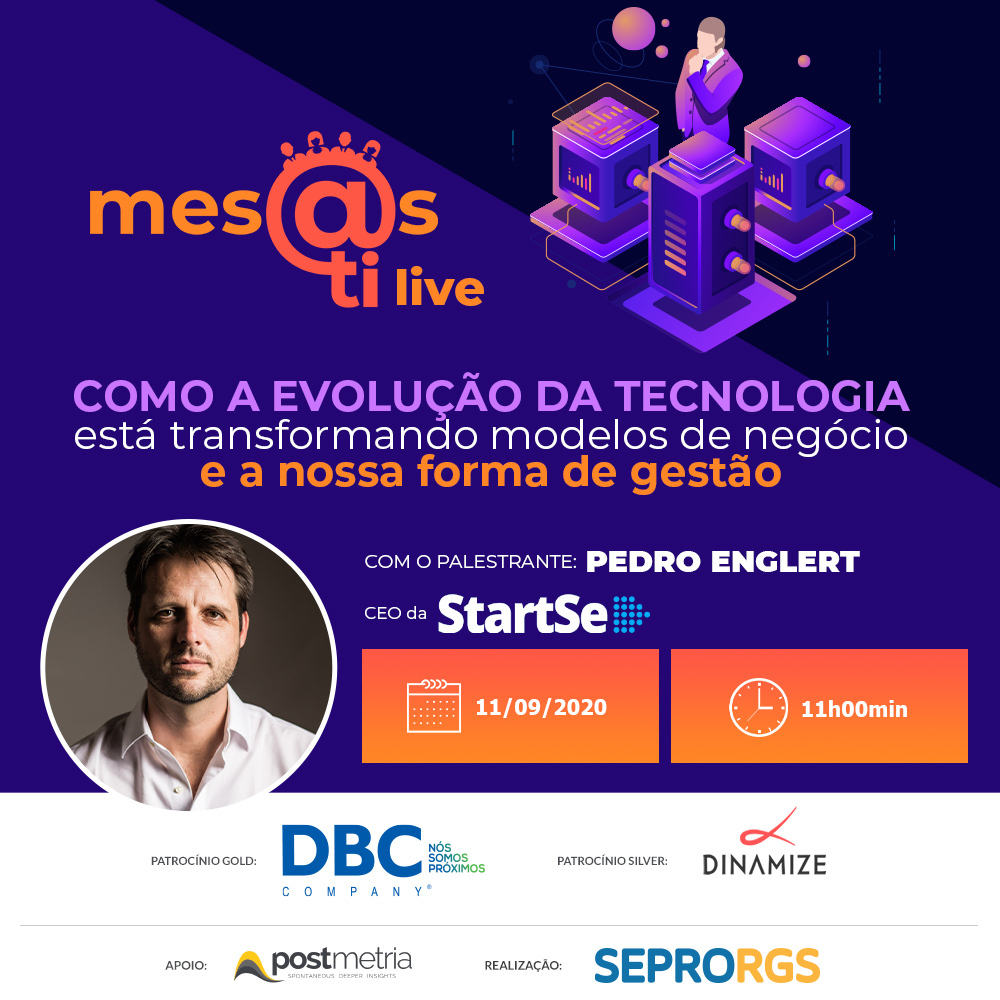 SEPRORGS's tweet photo. O #MesasTI Virtual de Setembro vem aí, com uma discussão importante sobre as rápidas evoluções tecnológicas e os impactos que elas trazem para as empresas.
Para falar sobre isso, o CEO da StartSe, Pedro Englert, será nosso convidado especial!
Participe: https://t.co/TYlar7qtSs https://t.co/074daFnHE6