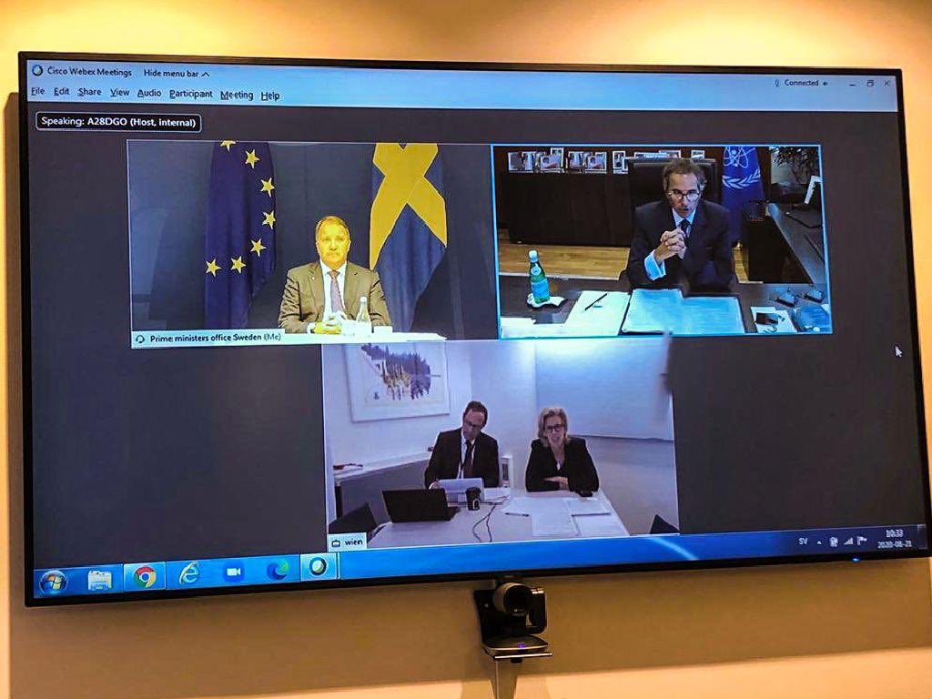 SweAmbEU's tweet photo. Valuable virtual visit to the IAEA by Swedish PM Löfven. Strong support to the work of the @iaeaorg and to @rafaelmgrossi #SwedishChair https://t.co/zN7yz3g38l