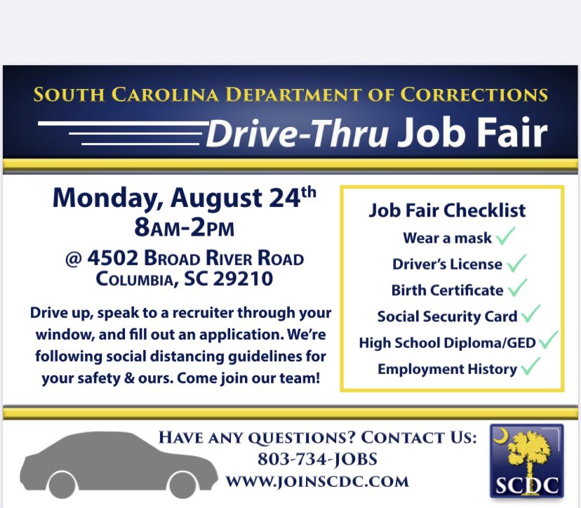 Any of my fellow Vets or military community members looking for a new career? Join us for our first 🚙 Job Fair on Monday August 24th! We are a  veteran approved employer for OJT!#WeAreCorrections #hiringnow <a href="/SCDCNews/">S.C. Department of Corrections</a> <a href="/OPEJobs/">OPE</a> <a href="/SCNationalGuard/">SC National Guard</a>