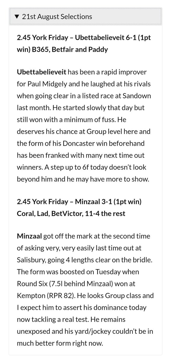 💥
Minzaal wins easily at 3-1 ✅

We had Ubettabelieveit as well and small stakes but we will take that

Nice +2pts on the day and 2020 is now +68.32pts