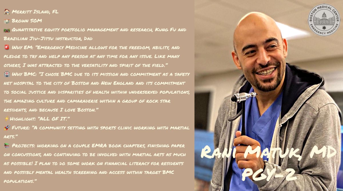 Check out this week’s resident spotlight, PGY2 Dr. Rani Matuk! Why #EmergencyMedicine for him? “EM allows for the freedom, ability, and pledge to try and help any person at any time for any issue.” #ROTW #WhyBMCEM #match2021
