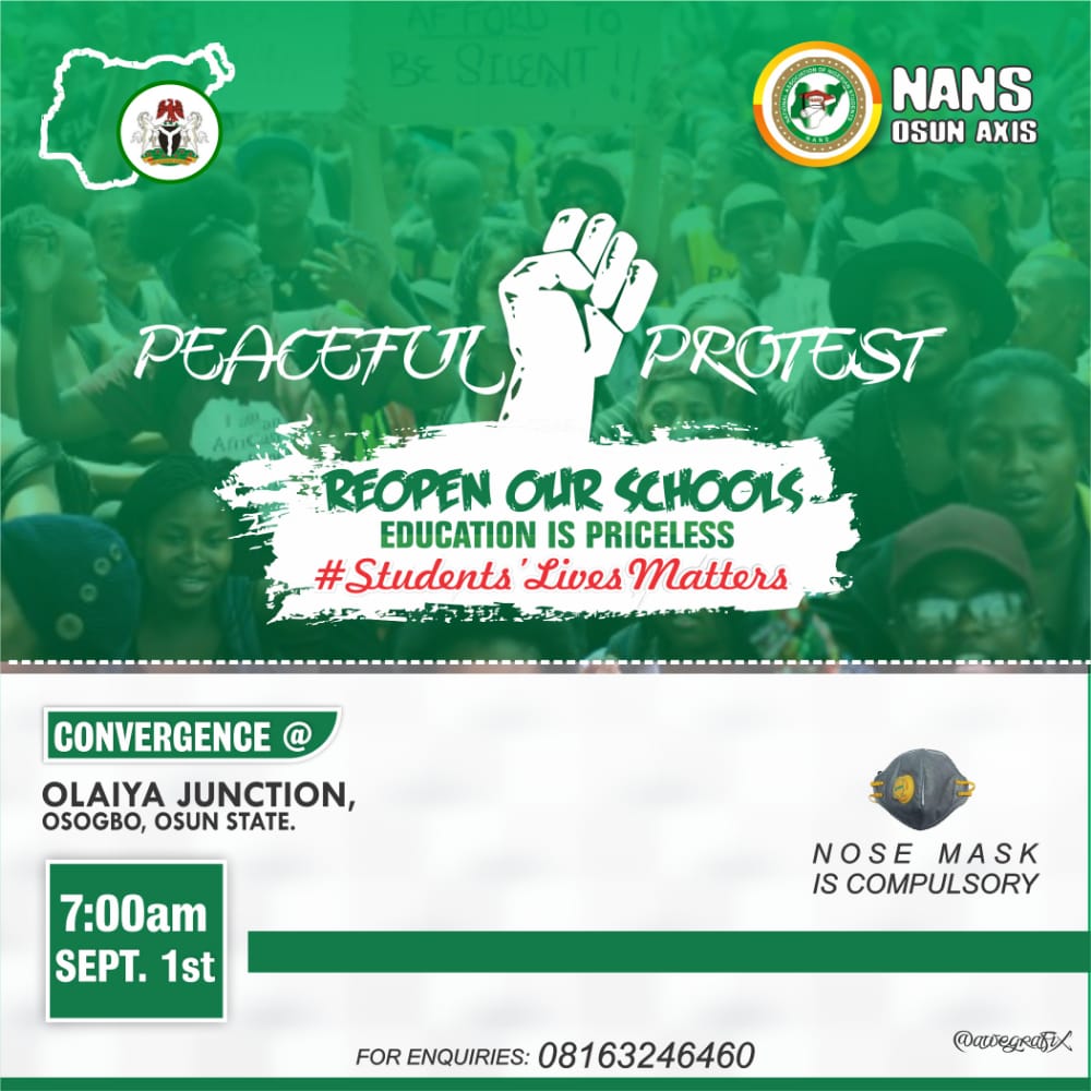 NansJccOsunAxis's tweet photo. If you are tired of staying at home, join us as we demand reopening of schools with immediate alacrity.
#ReOpenOurSchools 
#ReopenSchoolsNow https://t.co/OCNFXn3fCT