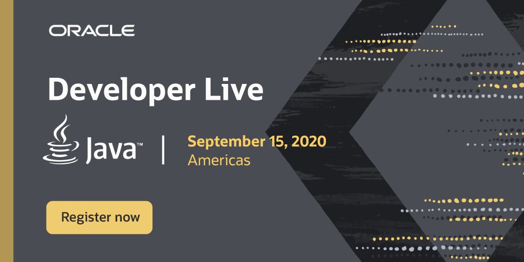 java's tweet image. Register today for the #OracleDevLive virtual event on Sept. 15, where you’ll learn more about:
✔️ #Java15 release
✔️ New projects such as Loom, GraalVM, & Helidon
✔️ Cryptographic improvements & best practices in Java
oracl.info/x2Hq50B4Tbf