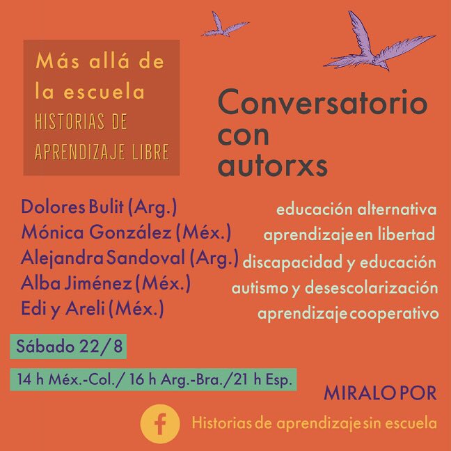 BulitDolores's tweet photo. Mañana vamos a escuchar un poco del lado B del cassette de la educación alternativa. Cinco autores del libro "Más allá de la escuela. Historias de aprendizaje libre" nos encontramos para charlar y escuchar tus preguntas. Miralo en vivo por el Facebook de https://t.co/OnCcc6B8tv https://t.co/4a33s3sfcC