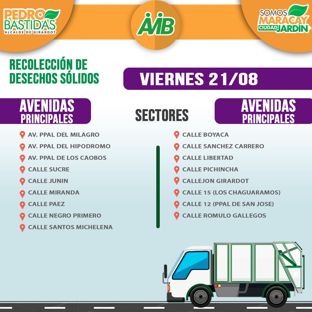 Te presentamos la ruta de recolección en las diferentes Comunidades y Avenidas de nuestra ciudad hoy 19 de Agosto 🚛

Con tu apoyo logramos optimizar el servicio de recolección. 🍃

<a href="/MVzlaBella/">Misión Venezuela Bella</a> <a href="/AlcaldePedroB/">Pedro Bastidas</a> <a href="/MarcoTorresPSUV/">Rodolfo Marco Torres</a> <a href="/IAMIB11/">IAMIB</a>