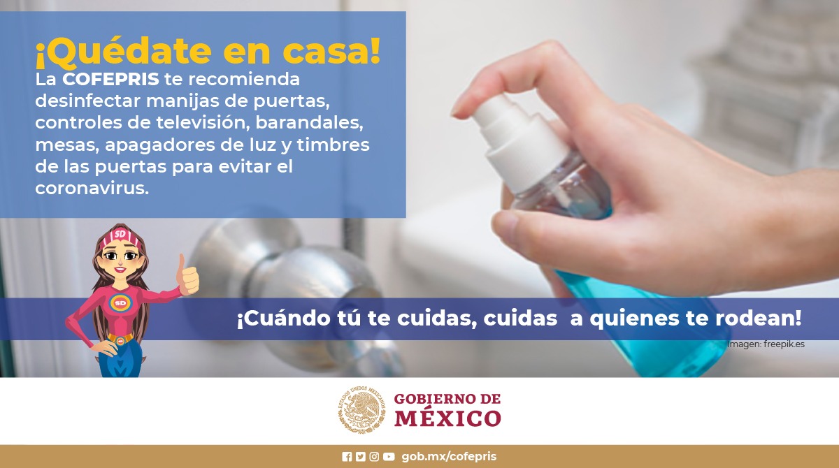 COFEPRIS's tweet image. La Cofepris te recomienda limpiar y desinfectar superficies para evitar el coronavirus. ¡Cuando tú te cuidas, cuidas a quienes te rodean! #CuidaTuSalud