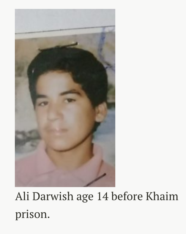 Here's one of his victims, Amer Darwish, age 14 whe he entered prison, whom this "loving father" beat the shit out of, breaking his leg, putting a pistol in his mouth and threatening to kill him if he didn't eat the prison "food".