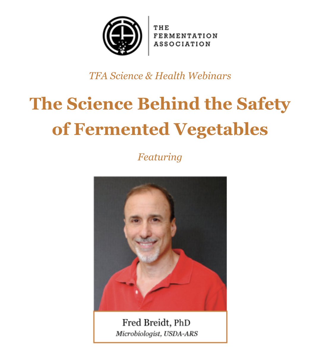 Check out the FREE webinar "The Science Behind the Safety of Fermented Vegetables" with Fred Breidt (USDA) on Aug 26 1pm ET. Brought to you by The Fermentation Association (fermentationassociation.org). Register here: bit.ly/2Qbs9EZ