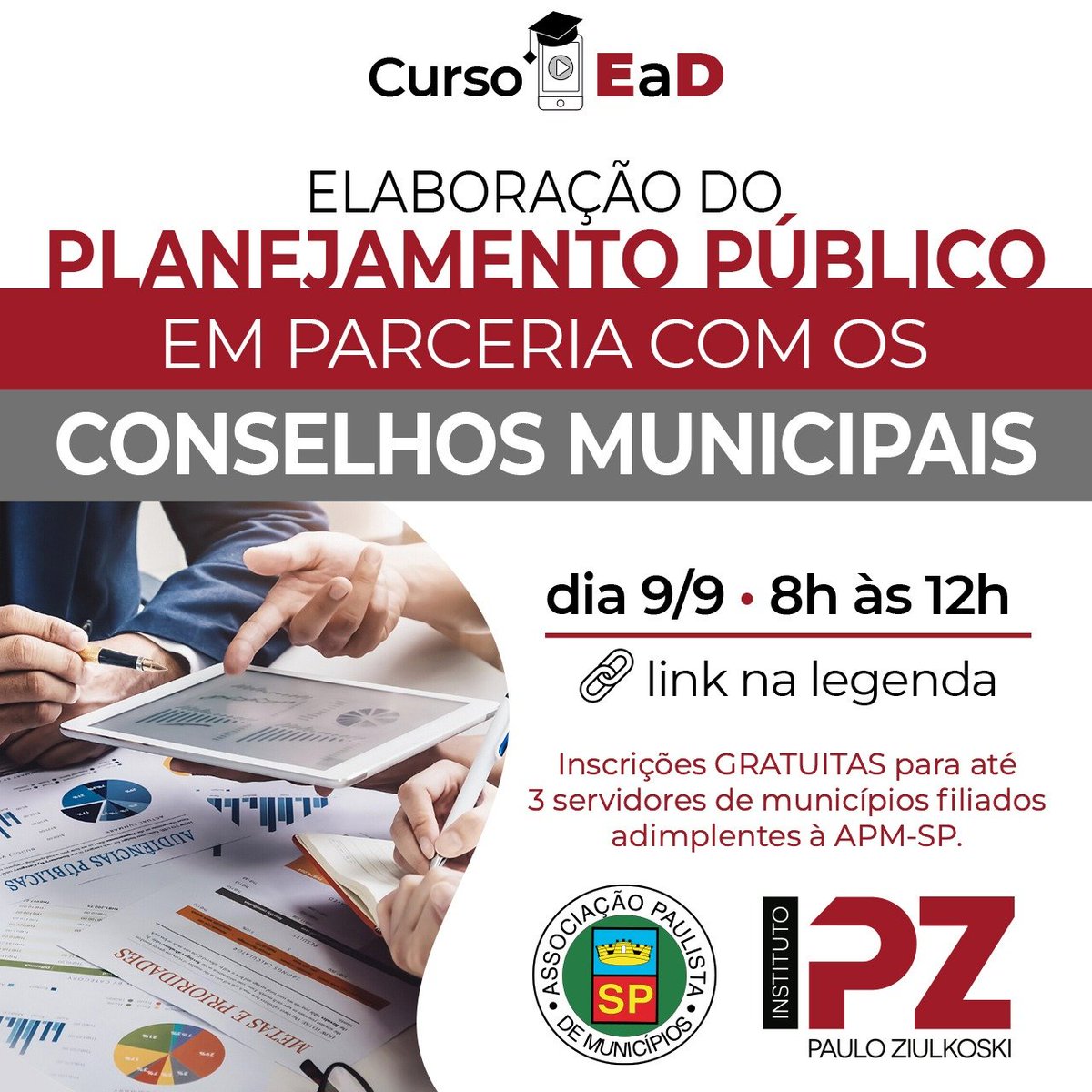 apaulistasp's tweet image. APM e IPZ EaD: ELABORAÇÃO DO PLANEJAMENTO PÚBLICO EM PARCERIA COM OS CONSELHOS MUNICIPAIS. Leia no site: apaulista.org.br

#apmsp #ipz