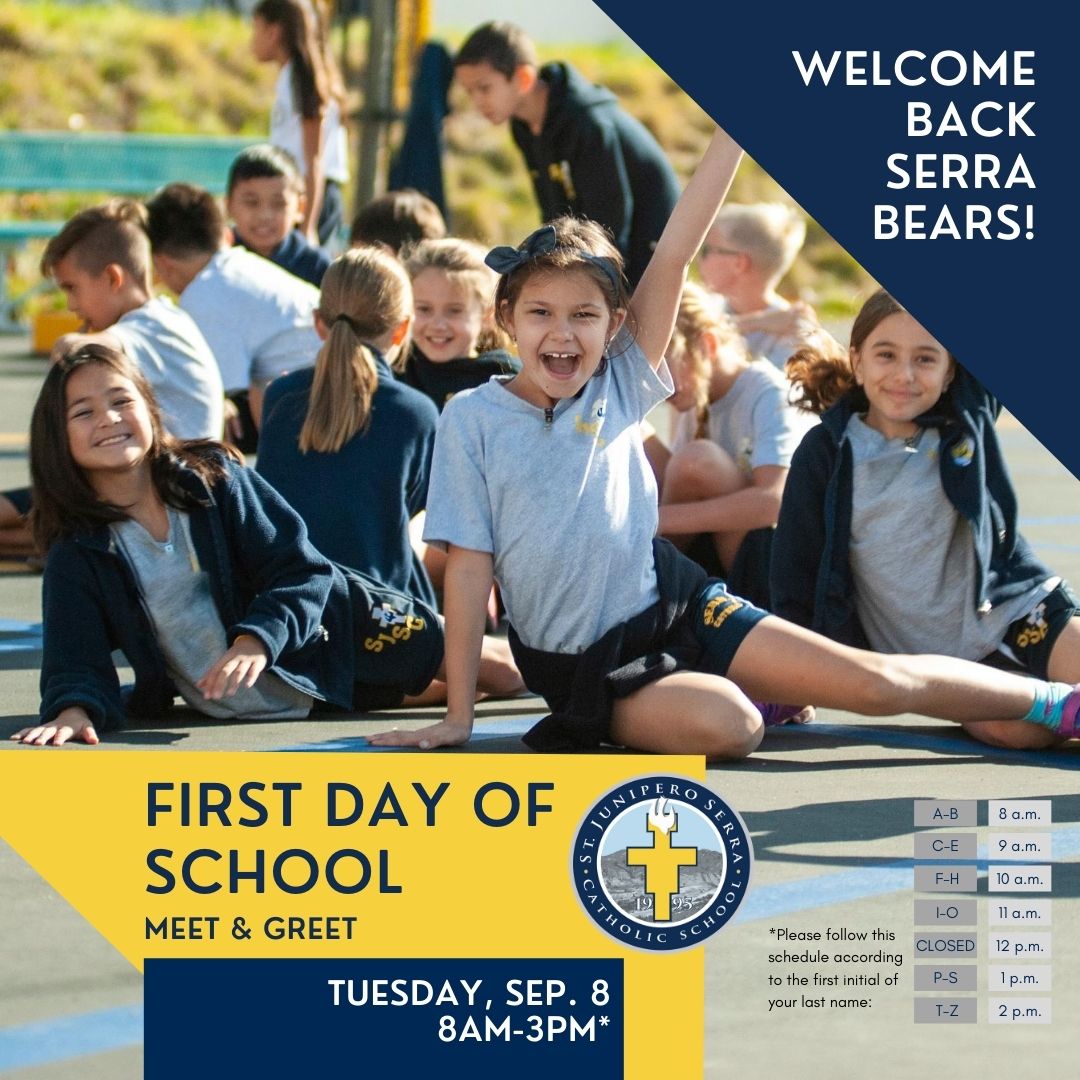 stserraschool's tweet photo. We're thrilled to announce our First Day of School Meet and Greet on Tuesday, September 8. Join us for a physically distant drive-through meet and greet with your teachers, along with student material pick-up and a First Day of School photo. #SerraStrong #Solidarity https://t.co/lpQ54Z7zUs