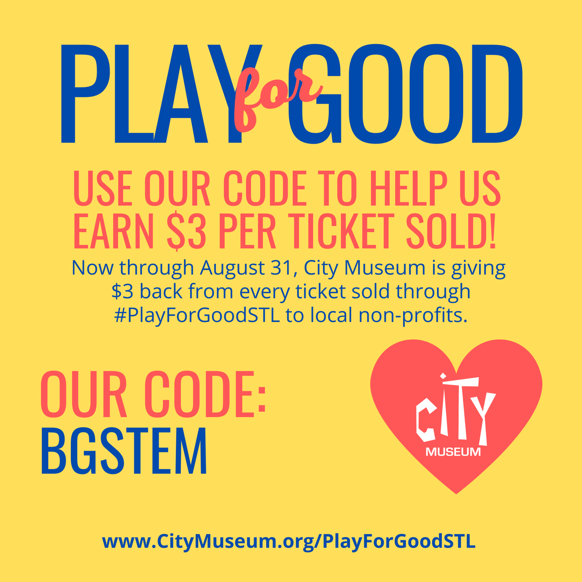 BGDSTEM's tweet photo. This August, City Museum is giving back to local non profits through #PlayForGoodSTL! Use our custom code to help us raise $3 for every ticket sold! https://t.co/j74QZ7NcVg