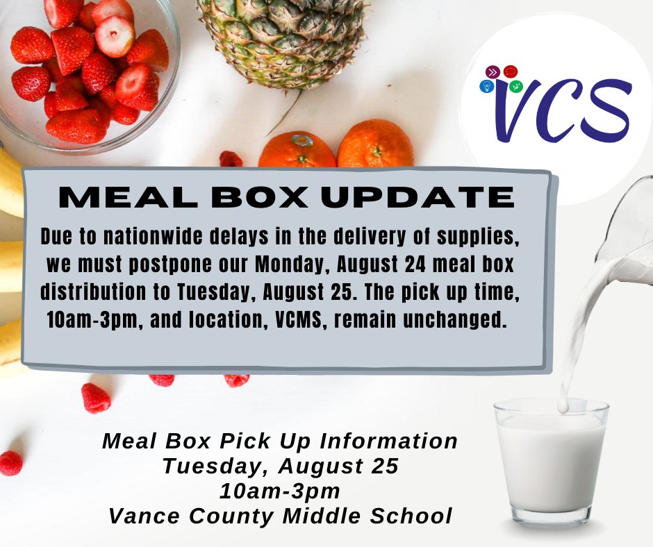 VanceCoSchools's tweet photo. Updated Meal Box Distribution https://t.co/Y4qADkSWDh