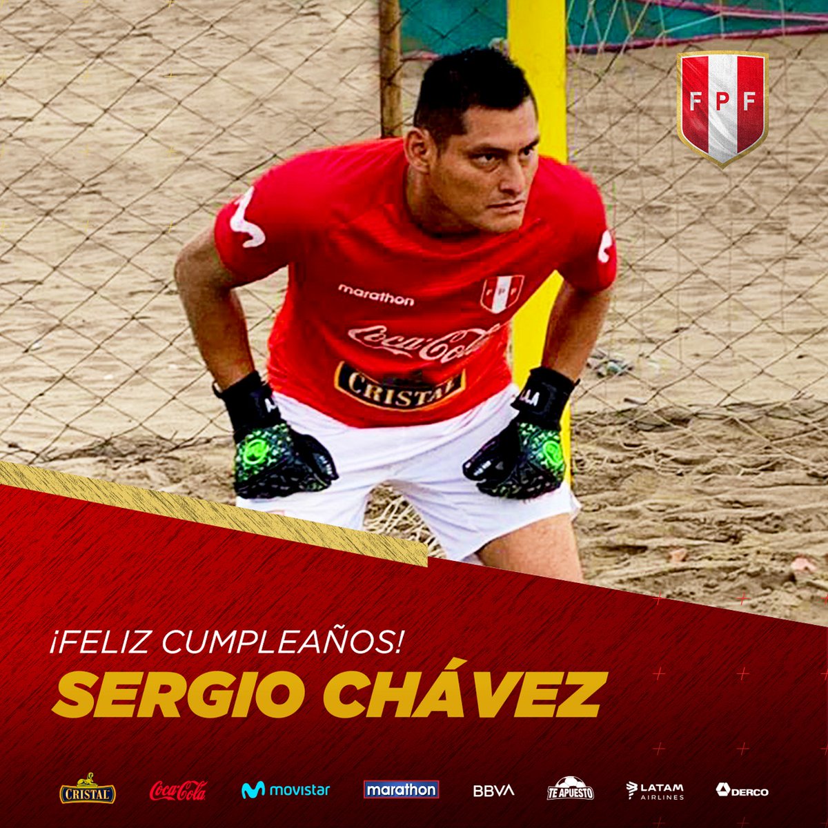 SeleccionPeru's tweet photo. Saludamos afectuosamente a Sergio Chávez, arquero de nuestra @SeleccionPeru de Fútbol Playa 🇵🇪, en el día de su cumpleaños.

¡Muchas felicidades y los mejores deseos! 🎉

#ArribaPerú 💪 https://t.co/pmRTEkVQQG